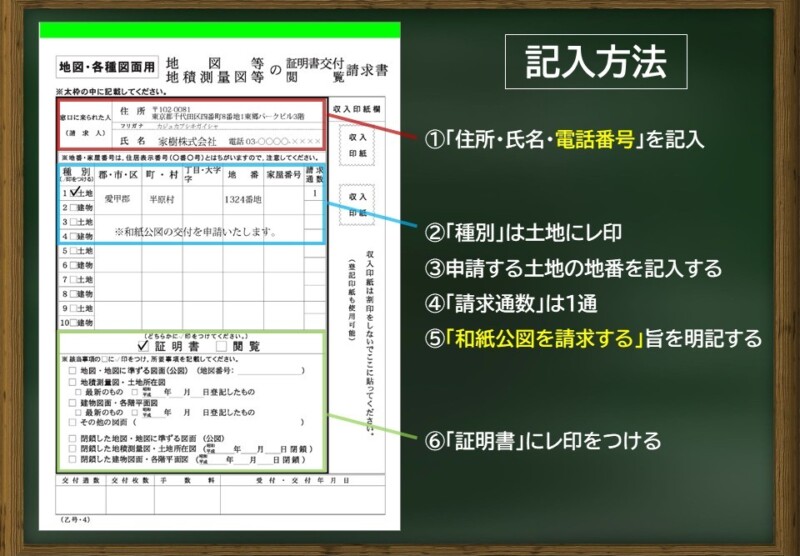 【地図・各種図面用】地図等（地積測量図等）の証明書交付（閲覧）請求書（記入例）
